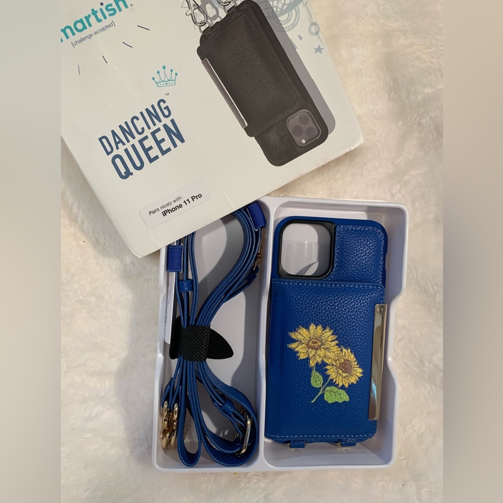 Smartish sunflower/royal blue wallet cel phone case with strap, iPhone 11 Pro